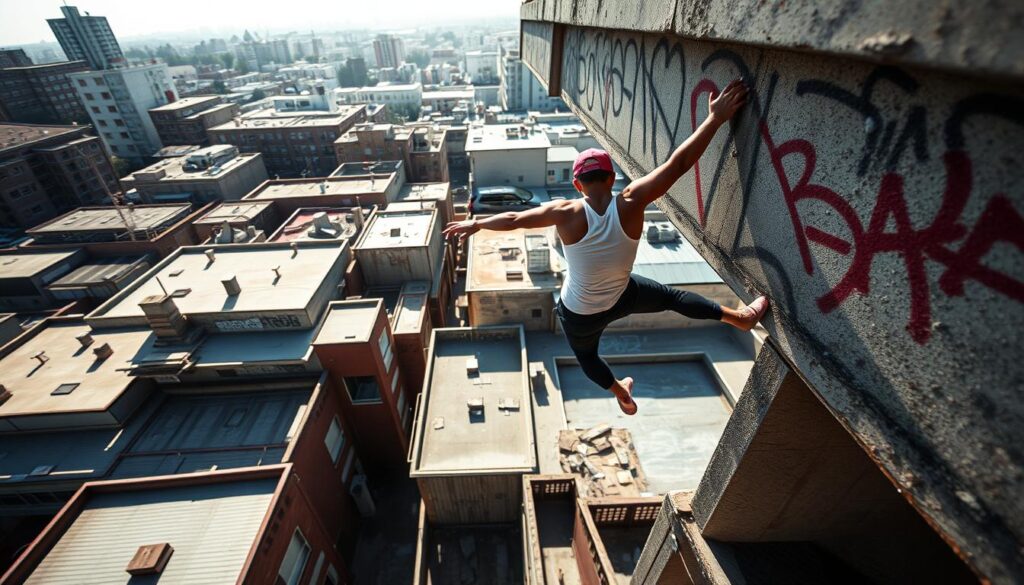 Praticante de Parkour superando desafios urbanos